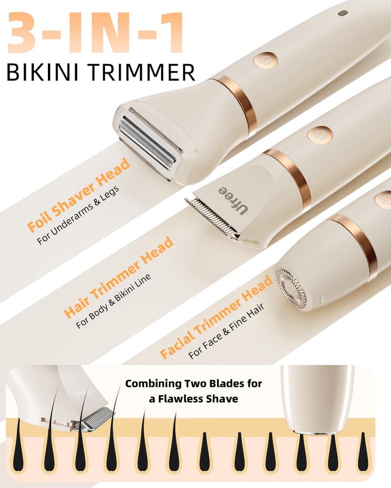 UFREE Bikini Trimmer Electric Razors for Women, Rechargeable Pubic Hair Trimmer Electric Shaver for Legs Body Hair, Bikini Shaver IPX7 Waterproof, White - Image 2